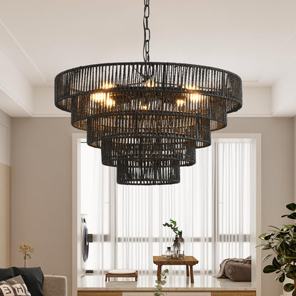24" Rustic 5-Tier Black Hemp Rope Pendant Light Chandelier with 8 E12 Sockets, Boho Farmhouse Ceiling Fixture for Dining Room, Kitchen, or Entryway (Bulb Not Included)