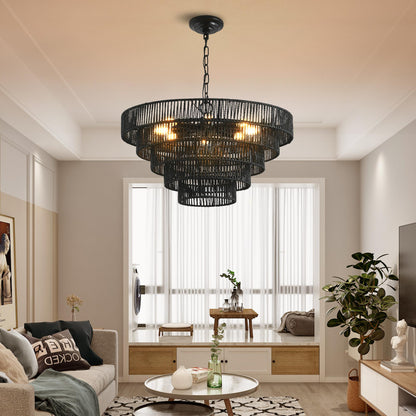 24" Rustic 5-Tier Black Hemp Rope Pendant Light Chandelier with 8 E12 Sockets, Boho Farmhouse Ceiling Fixture for Dining Room, Kitchen, or Entryway (Bulb Not Included)