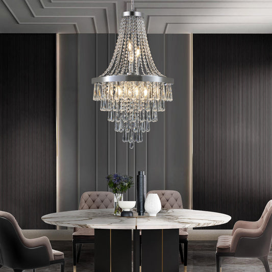 (Same as W1340P143191/L5004-500-C) 20" Chrome Crystal Chandelier with Adjustable Height, Modern Ceiling Light Fixture for Living Room, Dining Room, Staircase, 11-Light E12 Bulb Base (No Bulbs)