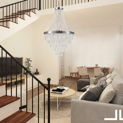 (Same as W1340P143191/L5004-500-C) 20" Chrome Crystal Chandelier with Adjustable Height, Modern Ceiling Light Fixture for Living Room, Dining Room, Staircase, 11-Light E12 Bulb Base (No Bulbs)