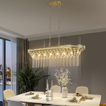 39" Modern Crystal Linear Rectangle Chandelier with Gold Finish, Elegant Pendant Light with Cascading Beads, for Dining Room, Living Room, or Foyer (Bulb Not Included)