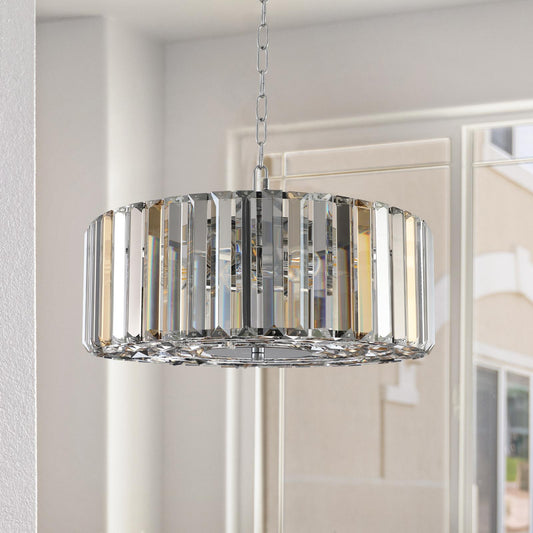 (Same as W1340120171/L5017) 17" Chrome Crystal Pendant Chandelier, Modern Hanging Light Fixture with Adjustable Height, 4-Light E26 Base for Living Room, Dining Room, or Kitchen (No Bulbs)