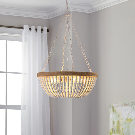 22" Bohemian Wood Beaded Pendant Chandelier – Elegant Light Fixture for Living Room, Dining Room, or Bedroom, Modern and Stylish Ceiling Light (Bulb Not Included)
