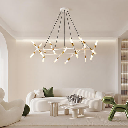 41" White & Golden Modern Chandelier Light Fixture, Branch Design with Frosted Tubes, Black Cords, Adjustable Height Pendant Light for Dining Room, Living Room, or Kitchen Island (Bulb Not Included)