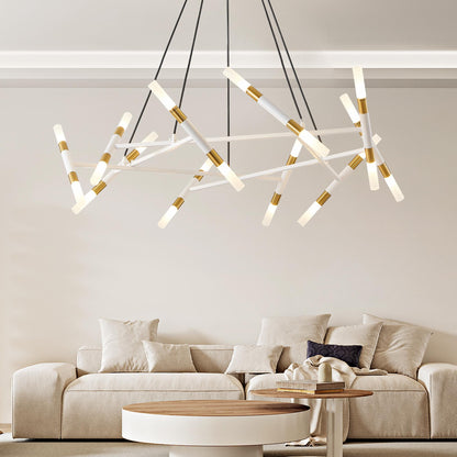 41" White & Golden Modern Chandelier Light Fixture, Branch Design with Frosted Tubes, Black Cords, Adjustable Height Pendant Light for Dining Room, Living Room, or Kitchen Island (Bulb Not Included)