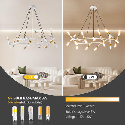 41" White & Golden Modern Chandelier Light Fixture, Branch Design with Frosted Tubes, Black Cords, Adjustable Height Pendant Light for Dining Room, Living Room, or Kitchen Island (Bulb Not Included)