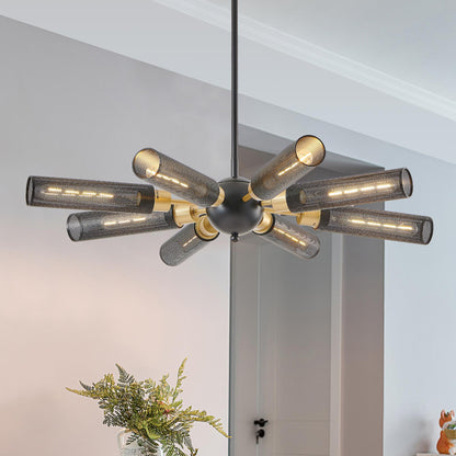 34" Modern Industrial Sputnik Chandelier, 8-Light Black and Gold Metal Pendant Light with Mesh Shades, E26 Base, Adjustable Height for Dining Room, Living Room, or Kitchen Island (Bulb Not Included)