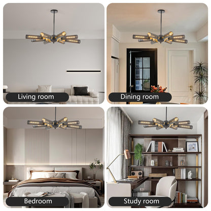 34" Modern Industrial Sputnik Chandelier, 8-Light Black and Gold Metal Pendant Light with Mesh Shades, E26 Base, Adjustable Height for Dining Room, Living Room, or Kitchen Island (Bulb Not Included)