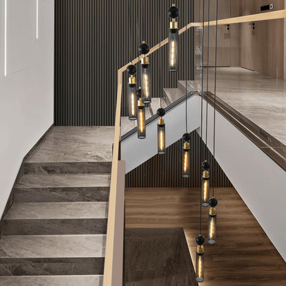24" Modern Industrial Multi-Light Pendant Chandelier - 9-Light Black and Gold Adjustable Ceiling Light Fixture with Mesh Cylinder Shades for Living Room, Dining Room, or Staircase (Bulb Not Included)