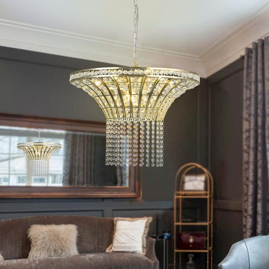 (Same as W1340P189414/L005016-D600-P8G) 24" Modern Crystal Round Chandelier with Gold Finish, Elegant Pendant Light with Cascading Beads, for Dining Room, Living Room, or Foyer (No Bulbs)