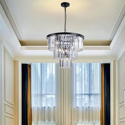 (NEW SKU:W1340P189315) 20" Modern Crystal Chandelier with Black Finish – Elegant 7-Light Pendant Light with 3 Tier Crystal Strands for Dining Room, Living Room, or Bedroom (Bulb Not Included)