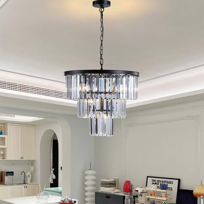 (NEW SKU:W1340P189315) 20" Modern Crystal Chandelier with Black Finish – Elegant 7-Light Pendant Light with 3 Tier Crystal Strands for Dining Room, Living Room, or Bedroom (Bulb Not Included)