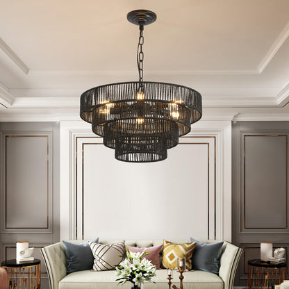20" Rustic 4-Tier Black Hemp Rope Pendant Light Chandelier with 6 E12 Sockets, Handmade Tiered Boho Ceiling Light Fixture for Dining Room, Kitchen, or Foyer (Bulb Not Included)