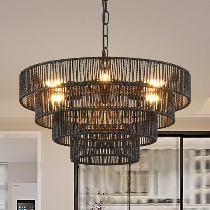 20" Rustic 4-Tier Black Hemp Rope Pendant Light Chandelier with 6 E12 Sockets, Handmade Tiered Boho Ceiling Light Fixture for Dining Room, Kitchen, or Foyer (Bulb Not Included)
