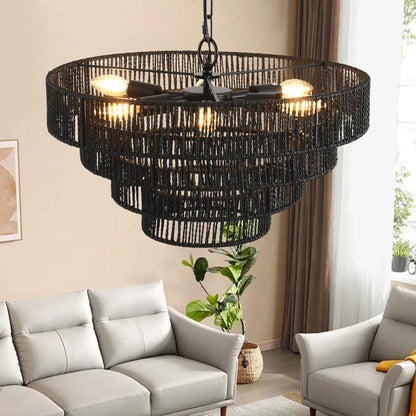 20" Rustic 4-Tier Black Hemp Rope Pendant Light Chandelier with 6 E12 Sockets, Handmade Tiered Boho Ceiling Light Fixture for Dining Room, Kitchen, or Foyer (Bulb Not Included)
