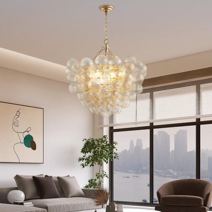 27.5-Inch Gold Pendant Light Chandelier with Threaded Clear Glass Globe Shade – Adjustable Height, Ideal for Living Room, Dining Room, Kitchen (No Bulbs)