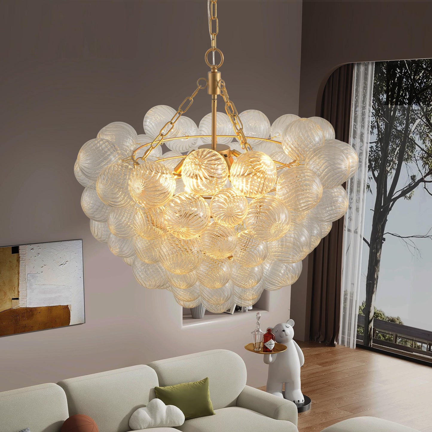 27.5-Inch Gold Pendant Light Chandelier with Threaded Clear Glass Globe Shade – Adjustable Height, Ideal for Living Room, Dining Room, Kitchen (No Bulbs)