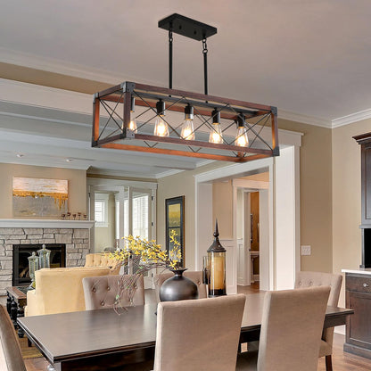 32" Red Wood Industrial Farmhouse Rectangle Pendant Light, 5-Light Chandelier for Dining Room, Kitchen Island, Cafe Decor (No Bulbs)