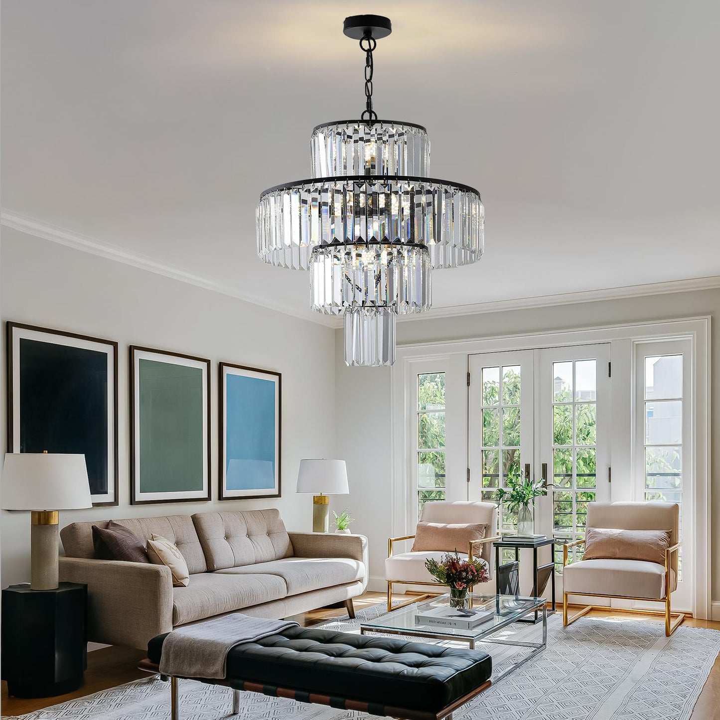 20" Modern Crystal Chandelier with Black Finish, 4-Tier Design for Dining Room or Living Room, Elegant Crystal Pendant Light Fixture (Bulb Not Included)