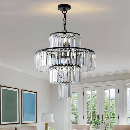20" Modern Crystal Chandelier with Black Finish, 4-Tier Design for Dining Room or Living Room, Elegant Crystal Pendant Light Fixture (Bulb Not Included)