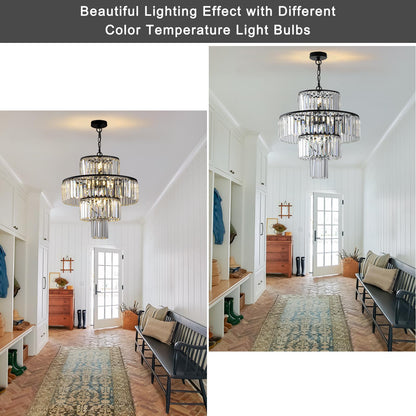 20" Modern Crystal Chandelier with Black Finish, 4-Tier Design for Dining Room or Living Room, Elegant Crystal Pendant Light Fixture (Bulb Not Included)