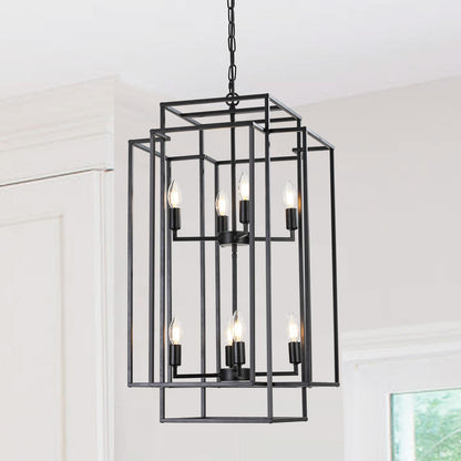(Same as W1340142527/L1018-B) 18" Modern 8-Light Black Geometric Pendant Chandelier, Industrial Metal Frame, Adjustable Hanging Light for Living Room, Dining Room, Kitchen (No Bulbs)