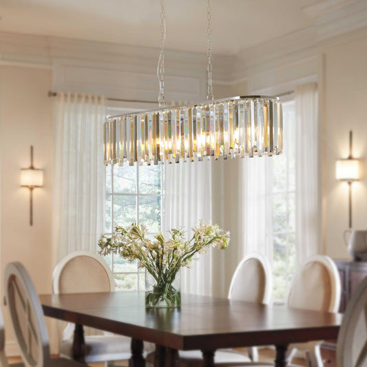 39" Modern Crystal Rectangle Pendant Chandelier with Chrome Finish – Elegant Light Fixture for Living Room, Dining Room, or Kitchen (Bulb Not Included)