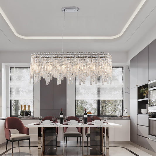 (Same as W1340P189443/L5024-880-C) Silver Elegant Oval Crystal Chandelier, Modern Ceiling Light Fixture with Reflective Hanging Crystals for Dining Room, Living Room, and FoyerS (Bulbs Not Included)
