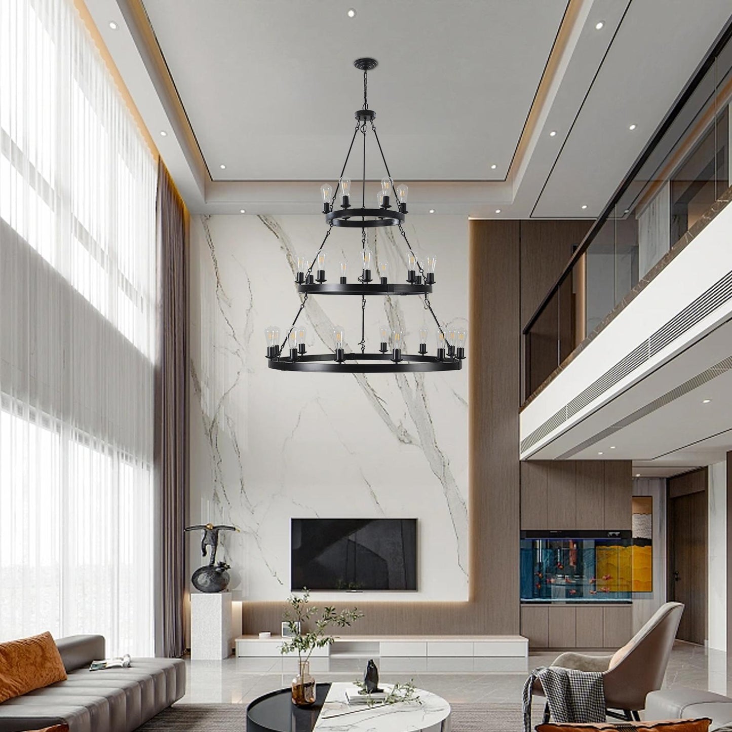 45" Retro Industrial Style 3-Layer Pendant Light, 27-Lights Black Farmhouse Pendant, Suitable for Dining Rooms, Living Rooms (Bulb Not Included)