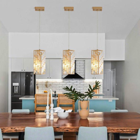 4" Modern Crystal Pendant Light - 3 Pack, Adjustable Hanging Ceiling Lamp with Crystal Prism Design for Dining Room, Kitchen Island, and Living Room -Golden Finish