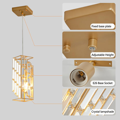 4" Modern Crystal Pendant Light - 3 Pack, Adjustable Hanging Ceiling Lamp with Crystal Prism Design for Dining Room, Kitchen Island, and Living Room -Golden Finish