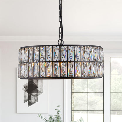 18" Black Modern Crystal Drum Chandelier, 6-Light Pendant Lighting Fixture with Metal Frame for Living Room, Dining Room, and Bedroom (Bulbs Not Included)