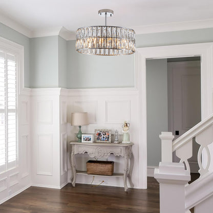 18" Chrome Modern Crystal Drum Chandelier, 6-Light Pendant Lighting Fixture with Metal Frame for Living Room, Dining Room, and Bedroom (Bulbs Not Included)