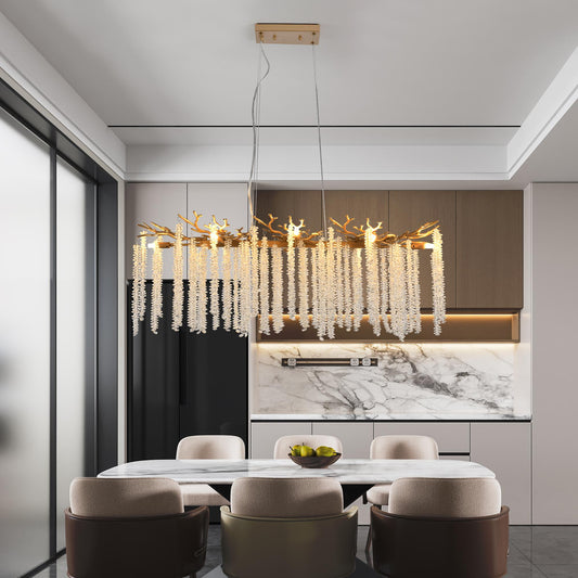 39-inch Modern Golden Pendant Light with Cascading Crystal Strands, Ideal for Living Room, Dining Room and Foyer, High-End Decorative Lighting Fixture (Bulb Not Included)