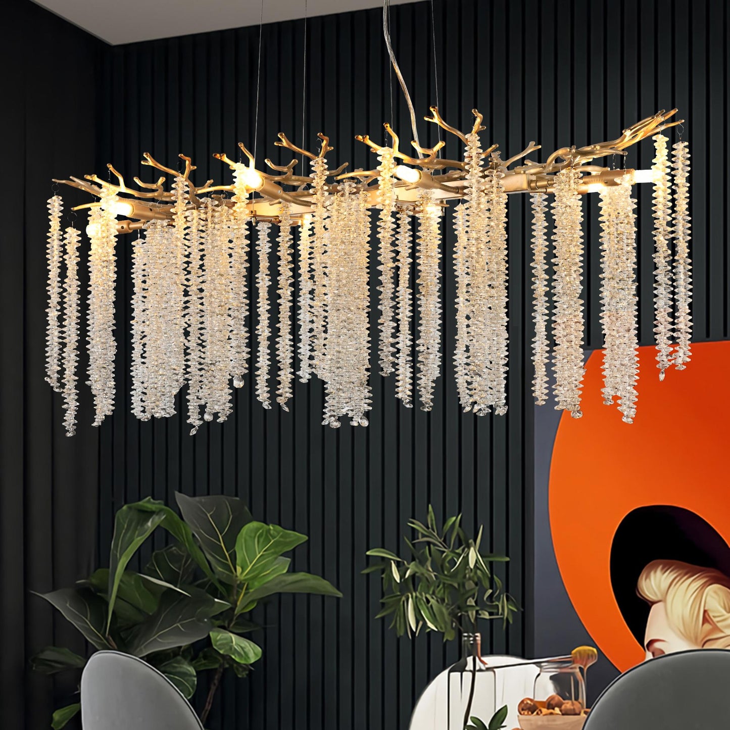 39-inch Modern Golden Pendant Light with Cascading Crystal Strands, Ideal for Living Room, Dining Room and Foyer, High-End Decorative Lighting Fixture (Bulb Not Included)