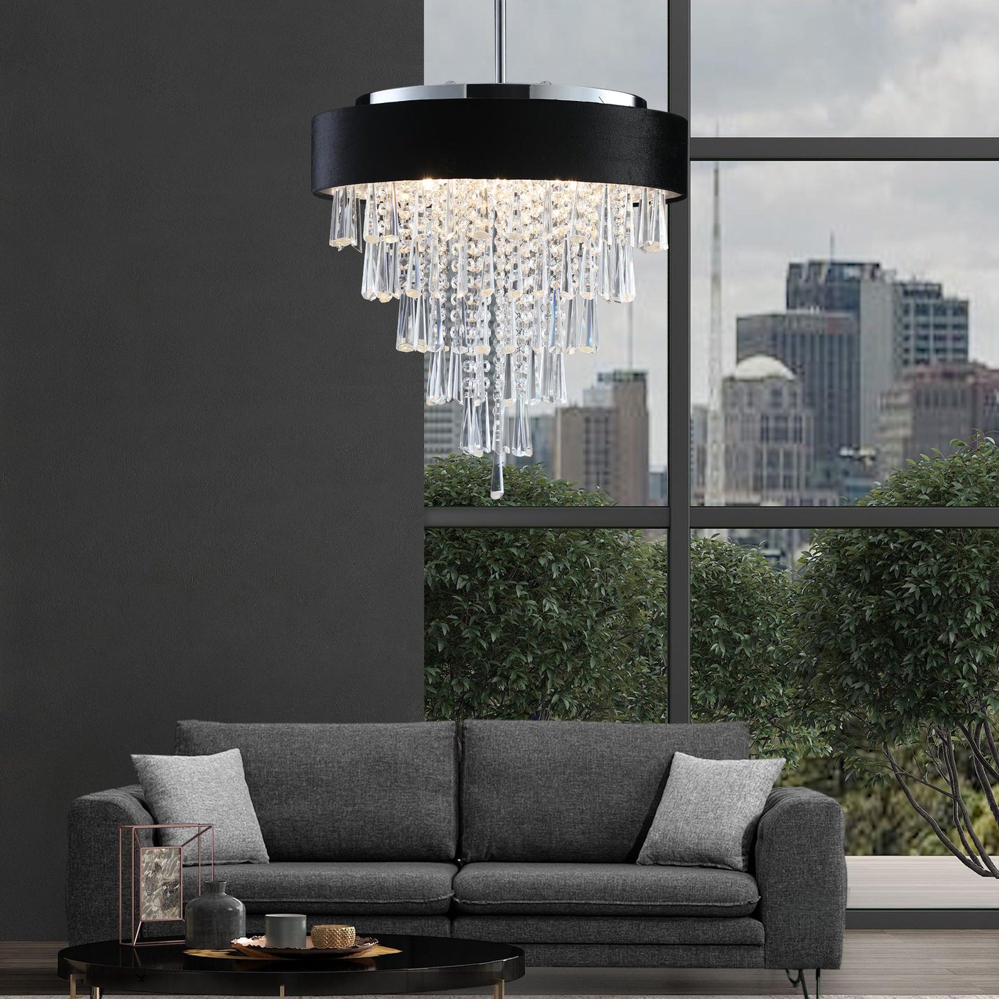 18-inch Modern Crystal Chandelier with Black Imitation Velvet Anti-Glare Shade, Adjustable Height, 8-Light G9 Base for Dining Room, Living Room, or Bedroom (Bulb Not Included)