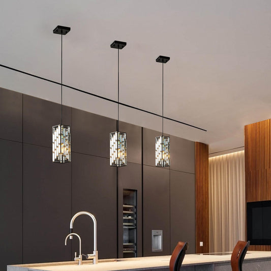 4" Modern Crystal Pendant Light - 3 Pack, Adjustable Hanging Ceiling Lamp with Crystal Prism Design for Dining Room, Kitchen Island, and Living Room -Black Finish