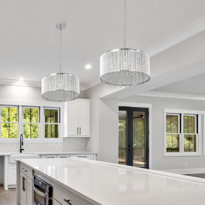 16" Elegant Crystal Pendant Chandelier with Chrome Finish – 7-Light Drum Light Fixture with Clear Crystal Strands for Dining Room, Living Room, or Bedroom (Bulb Not Included)