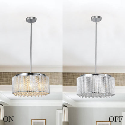 16" Elegant Crystal Pendant Chandelier with Chrome Finish – 7-Light Drum Light Fixture with Clear Crystal Strands for Dining Room, Living Room, or Bedroom (Bulb Not Included)