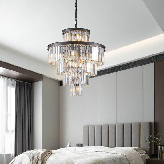 24" Luxury Crystal Chandelier with Black Finish – Elegant 15-Light 5 Tier Pendant Light Fixture for Living Room, Dining Room, or Entryway (Bulb Not Included)