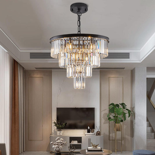 24" Contemporary Crystal Modern Chandeliers Crystal Ceiling Chandelier 4 Tier Black Chandelier Lighting for Dining Room Living Room Bedroom (Bulbs Not included)