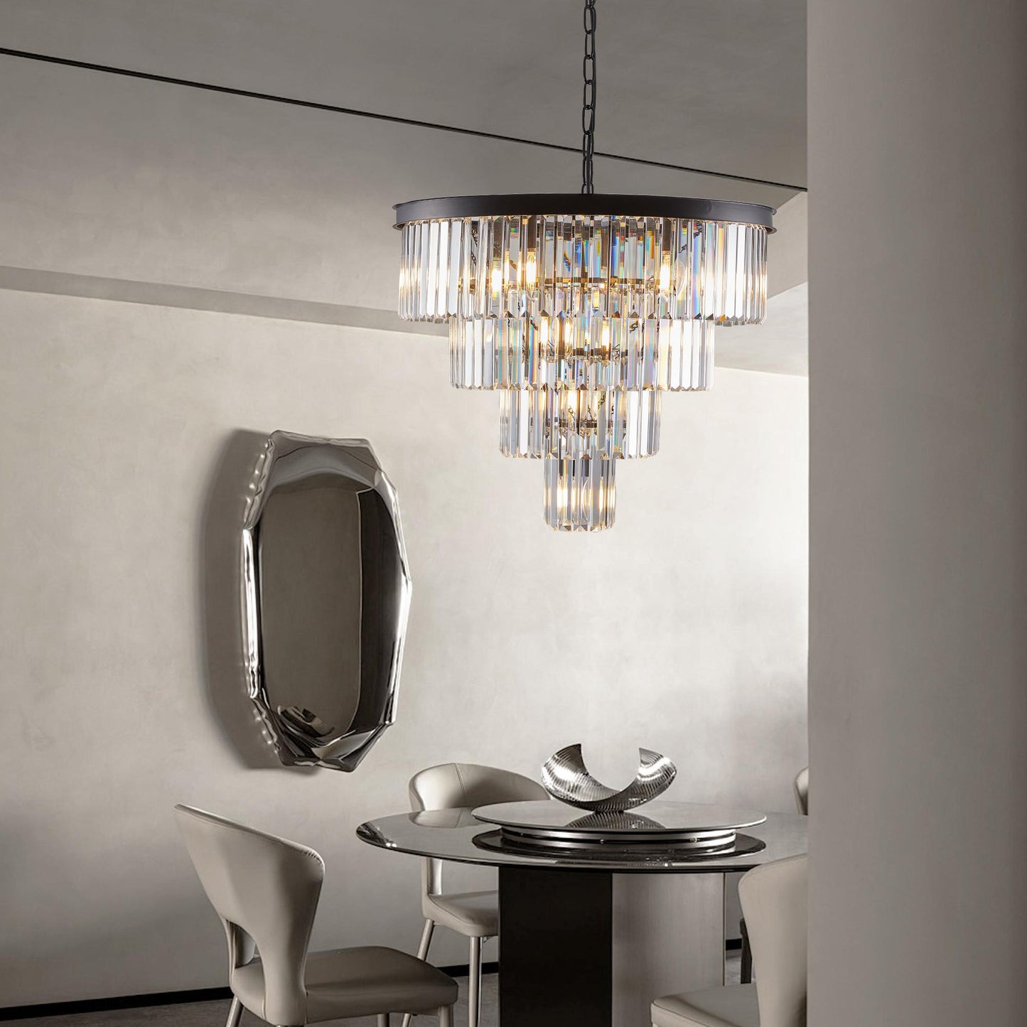 24" Contemporary Crystal Modern Chandeliers Crystal Ceiling Chandelier 4 Tier Black Chandelier Lighting for Dining Room Living Room Bedroom (Bulbs Not included)