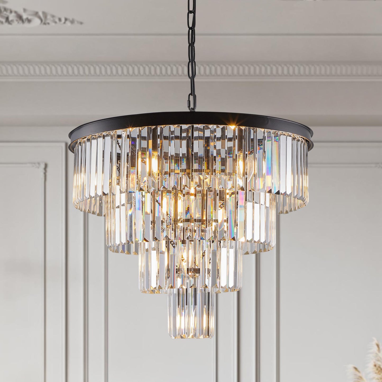 24" Contemporary Crystal Modern Chandeliers Crystal Ceiling Chandelier 4 Tier Black Chandelier Lighting for Dining Room Living Room Bedroom (Bulbs Not included)