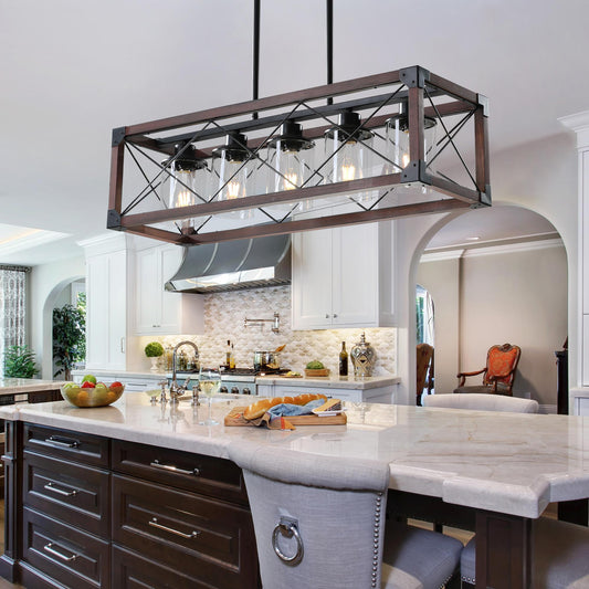 (Same as W1340P155971/L1011-RW-G) 32" Red Wood Industrial Farmhouse Rectangle Pendant Light, 5-Light Chandelier with Lampshade for Dining Room, Kitchen Island, Cafe Decor (No Bulbs)