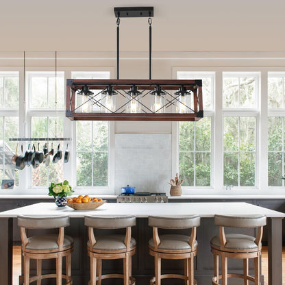 (Same as W1340P155971/L1011-RW-G) 32" Red Wood Industrial Farmhouse Rectangle Pendant Light, 5-Light Chandelier with Lampshade for Dining Room, Kitchen Island, Cafe Decor (No Bulbs)