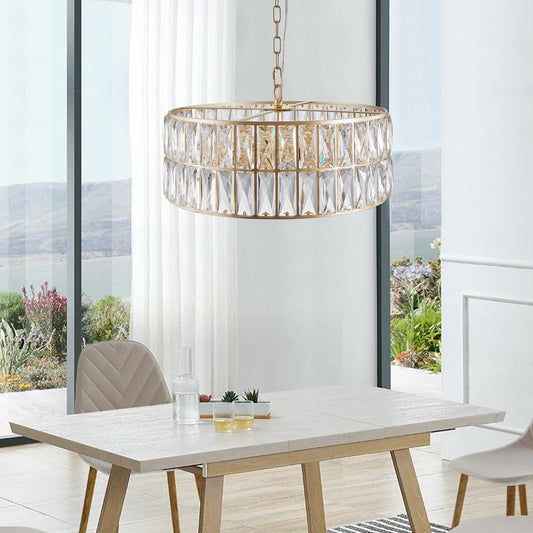 18" Golden Modern Crystal Drum Chandelier, 6-Light Pendant Lighting Fixture with Metal Frame for Living Room, Dining Room, and Bedroom (Bulbs Not Included)