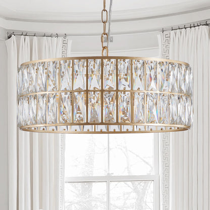 18" Golden Modern Crystal Drum Chandelier, 6-Light Pendant Lighting Fixture with Metal Frame for Living Room, Dining Room, and Bedroom (Bulbs Not Included)
