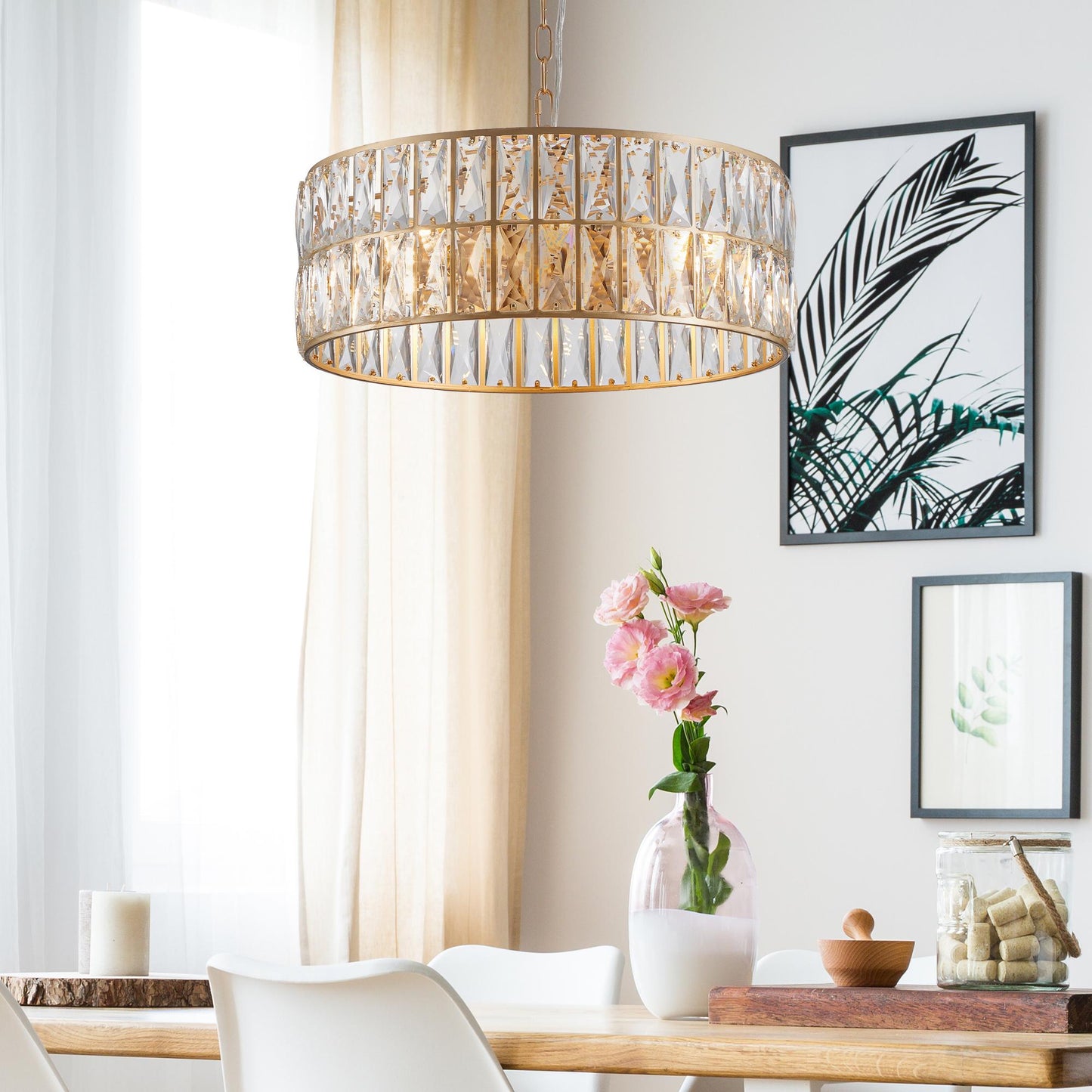18" Golden Modern Crystal Drum Chandelier, 6-Light Pendant Lighting Fixture with Metal Frame for Living Room, Dining Room, and Bedroom (Bulbs Not Included)