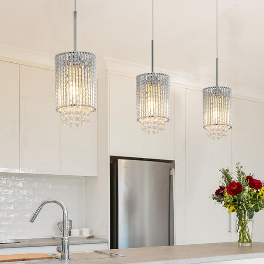 5" Modern Crystal Pendant Light 3-Pack Adjustable Chrome Hanging Ceiling Fixture with Clear Beads, Elegant Design for Kitchen Island, Dining Room, or Living Room (No Bulbs)