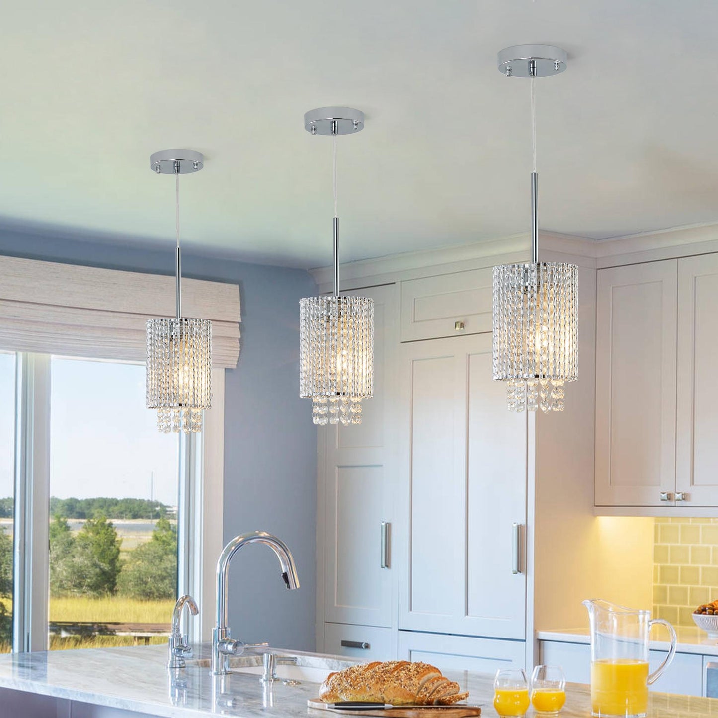 5" Modern Crystal Pendant Light 3-Pack Adjustable Chrome Hanging Ceiling Fixture with Clear Beads, Elegant Design for Kitchen Island, Dining Room, or Living Room (No Bulbs)